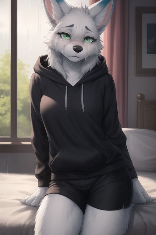 Tears Black Hoodie Black Shorts With Green Line Green Eyes White Fur Black Patches On Fur Sad Face Looking At Camera Raining Low Light Bedroom Sad Sad Woman TearsPorno AI Furry