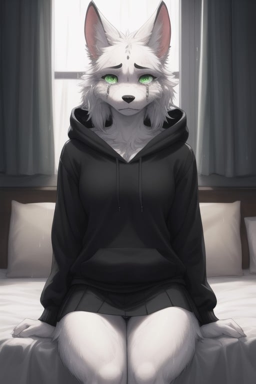 Tears Black Hoodie Skirt And White Panties Green Eyes White Fur Black Patches On Fur Sad Face Looking At Camera Raining Low Light Bedroom Sad Sad Woman Tears퍼리 AI 포르노