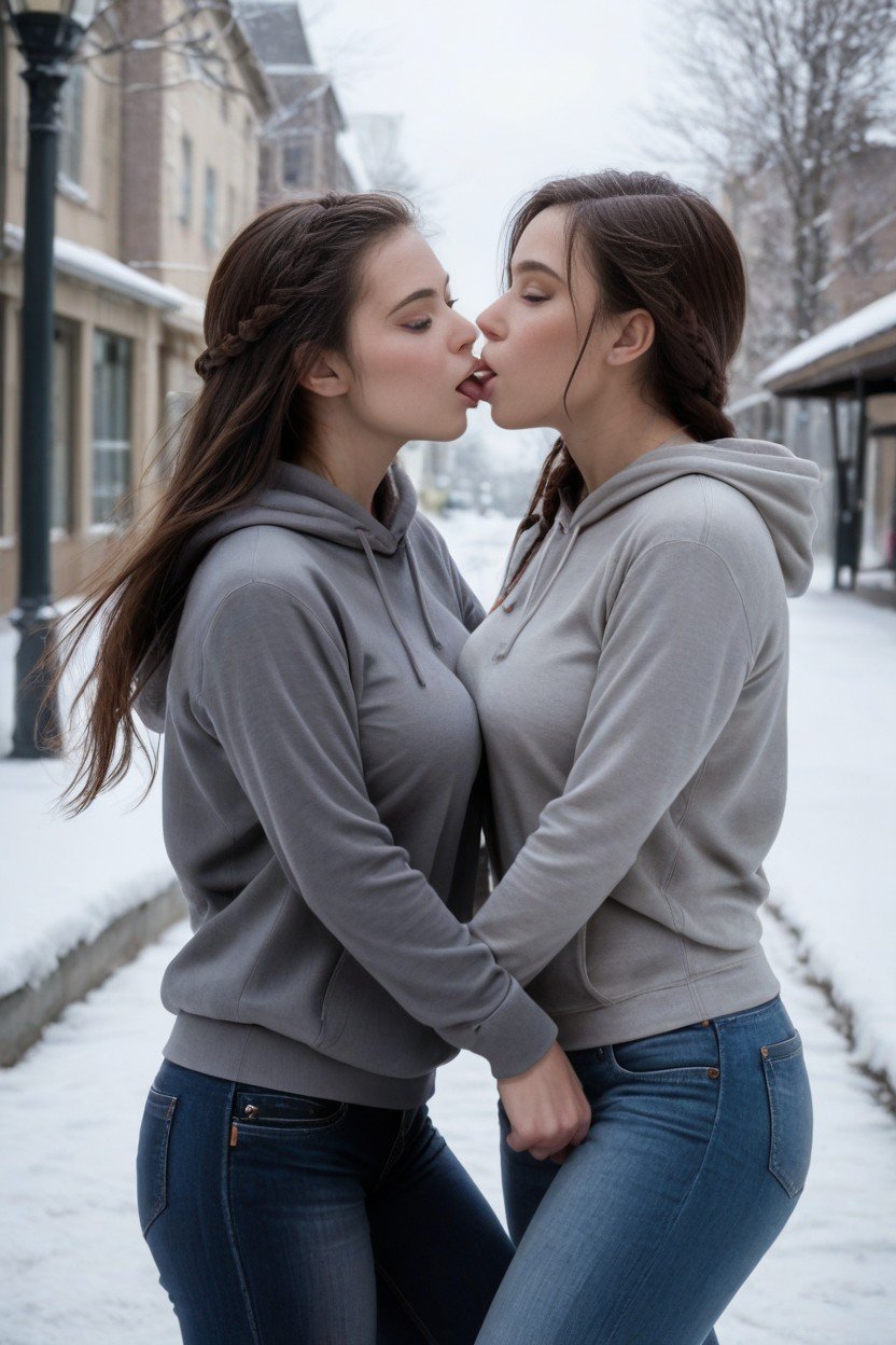 2명, College Woman Walking Down A Street, 스웨터퍼리 AI 포르노