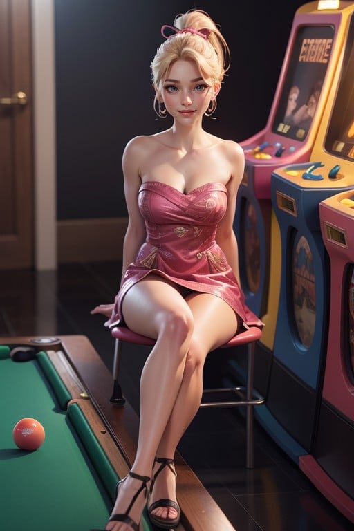 Sitting On Billiards Table, Vue De Côté, Oiled SkinPorno IA