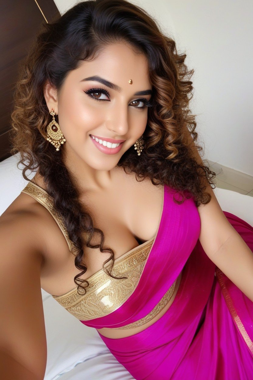 Pink Saree Dress Gold Earrings And Jewelry Brown Arab Woman, Selfie, Tesão Pornografia de IA