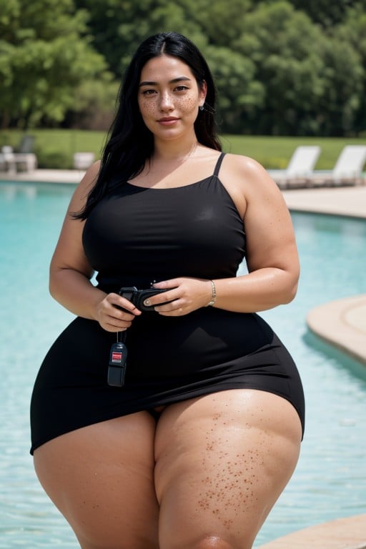 Cellulite On Thighs And Ass, Black Dress, Black HairファーリーAIポルノ