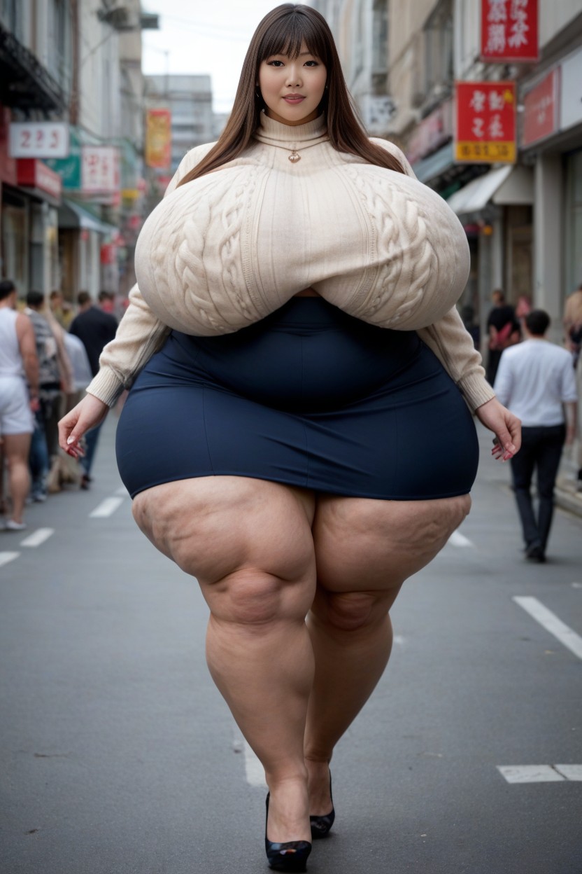 Disproportionately Huge Breasts, Beige Tight Skirt, Ssbbw AI Porn