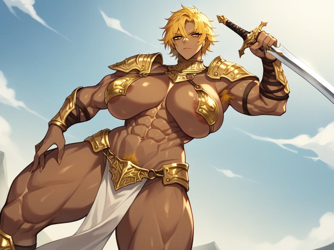 Pubic Hair, Large Arms, Gold Bikini Armor Furry AI Porn