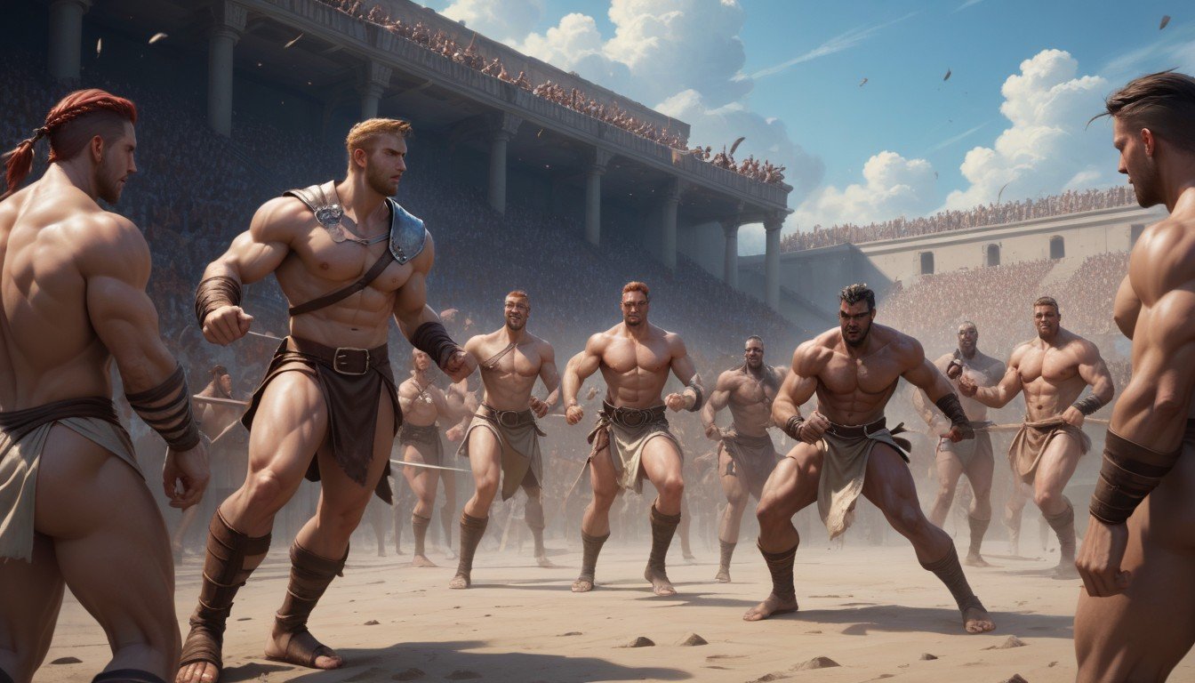 Group Of Male And Female Gladiators Naked Training Swinging Gladius In A Gladiator_school Hentai IA pornografia