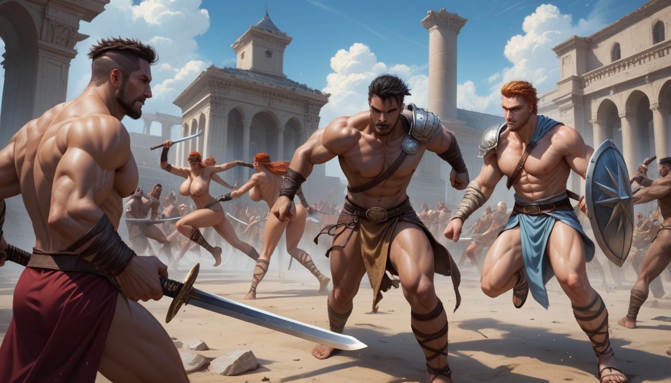 Group Of Male And Female Gladiators Naked Training Swinging Gladius Sword And Scutum Shield In A Gladiator_schoolPorno AI