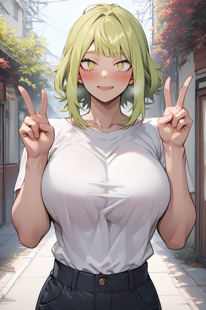 Naked, Blush, Bright Lime Green Hair Hentai IA pornografia