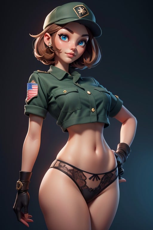 Wearing Black Panties, Green Military Shirt With Rolled Sleeves, Exposed Lower BodyAI黃片