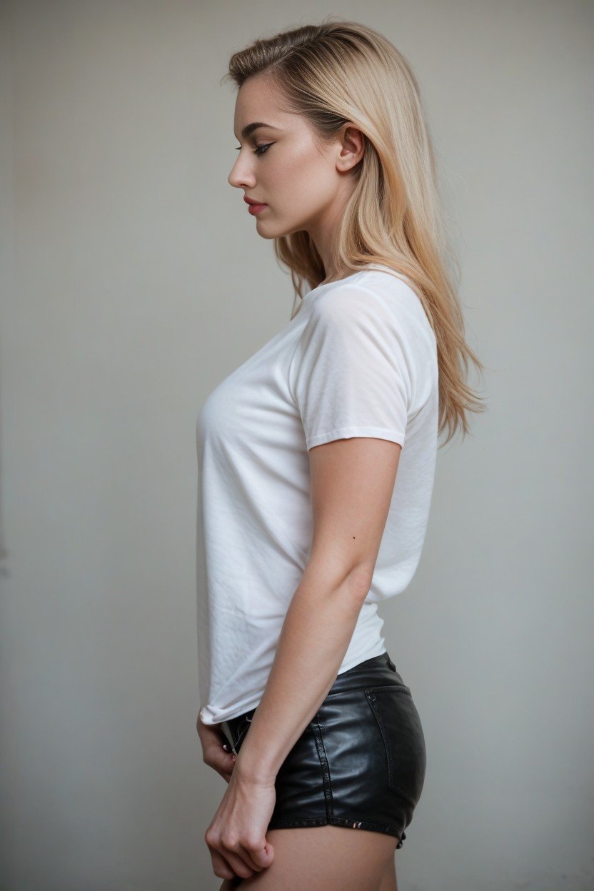 Side View, White T Shirt, Leather Shorts Shemale AI Porn