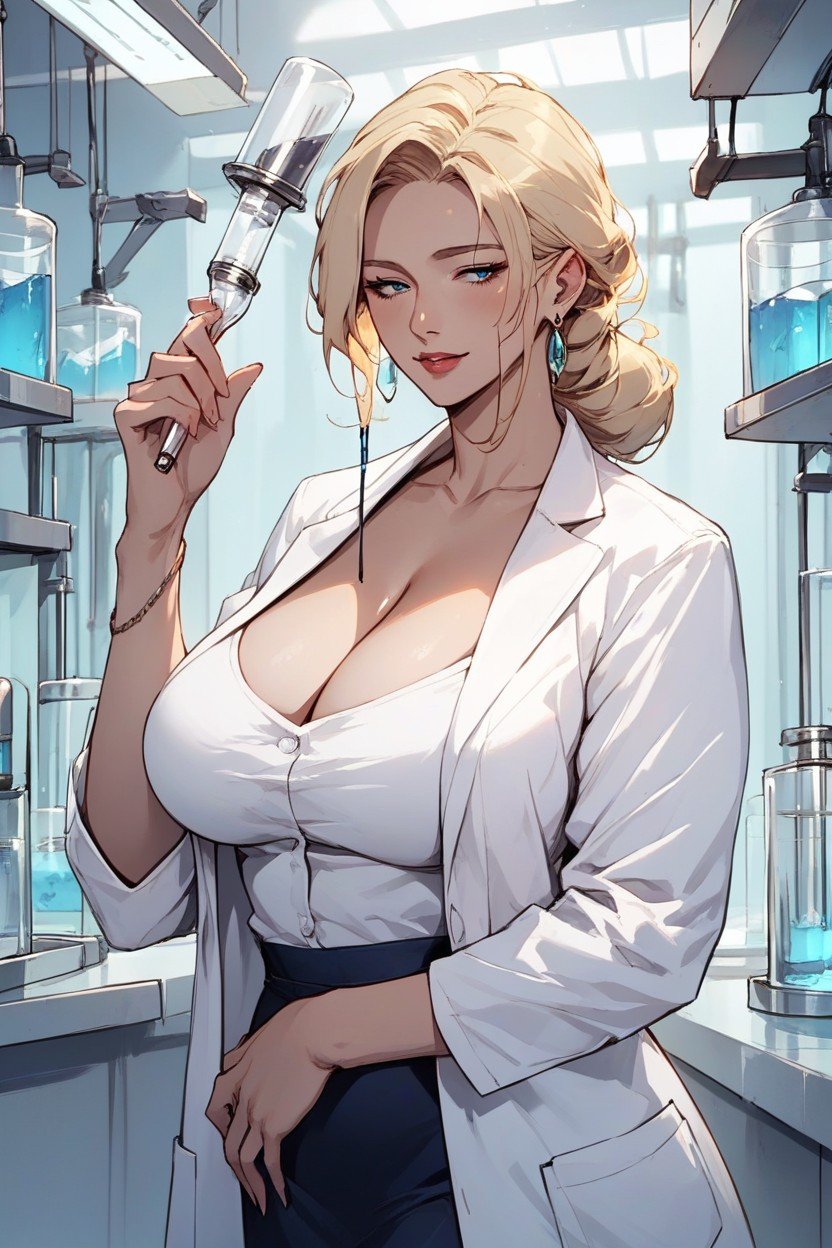 In Chemistry In A Laboratory, Cleavage, Lab Coat Pornografia peluda com IA