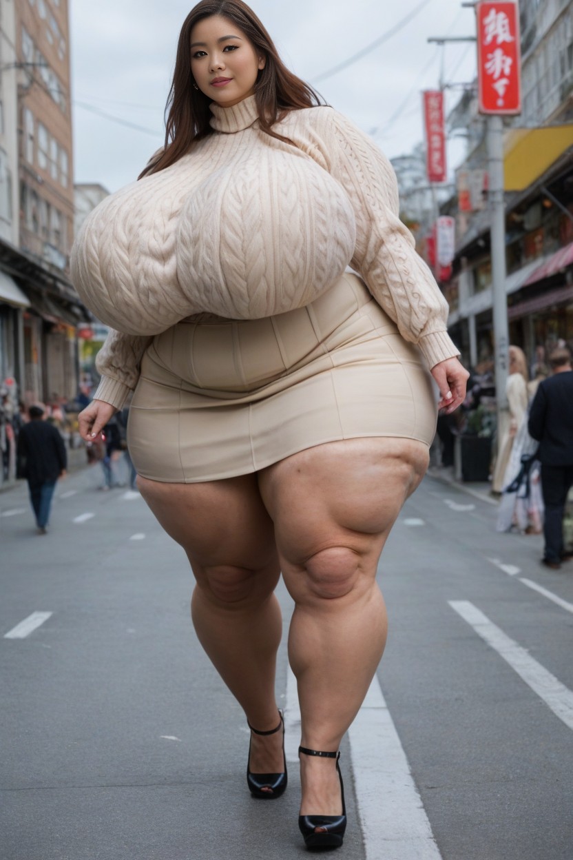 Beige Sweater, Cellulite, Saggy Breasts Longer Than Body AI Porn