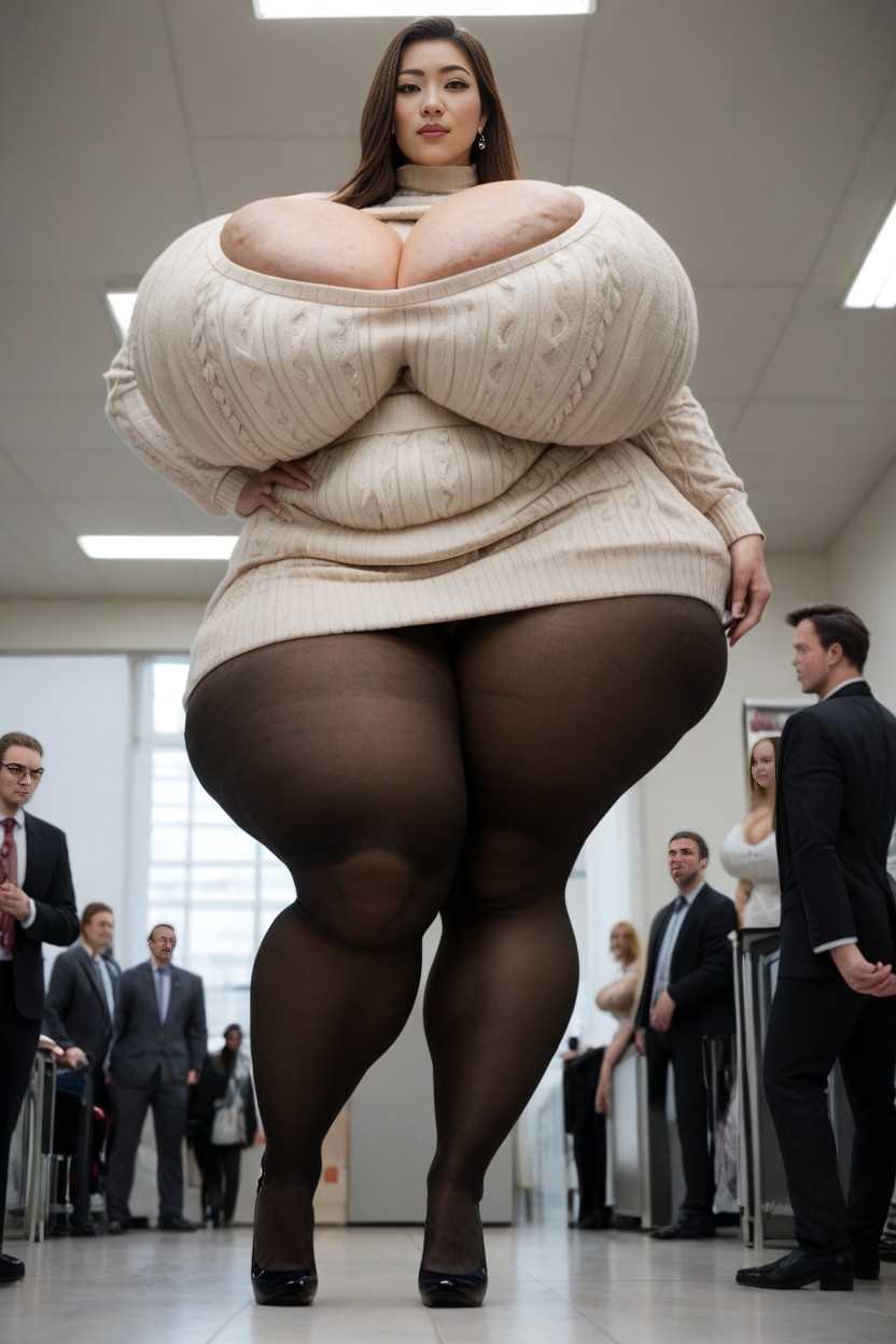 Huge Bulge On Skirt, Beige Tight Skirt, Giant Insane Massive Gigantic Breasts AI Porn