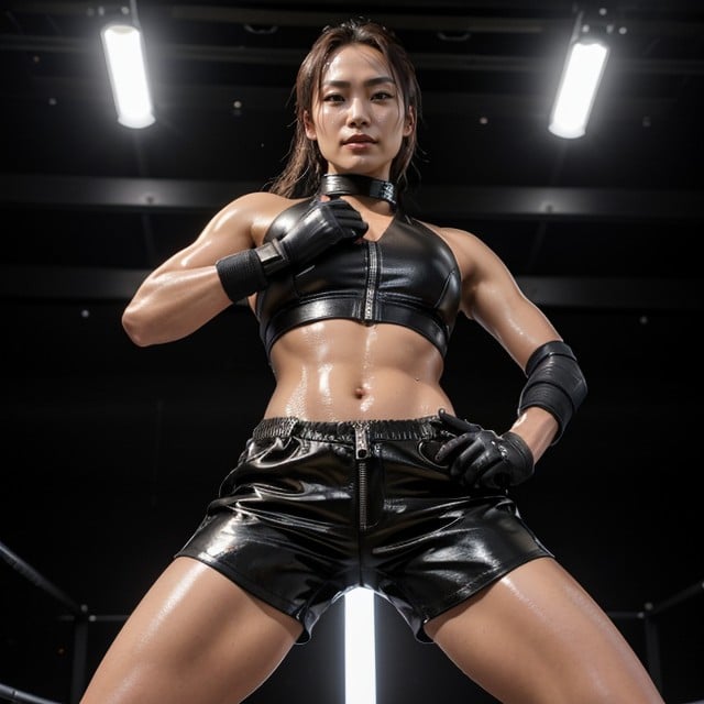 Fight Stance, Dark Background, Black Leather Halter Top With Zipper Hentai AI Porn