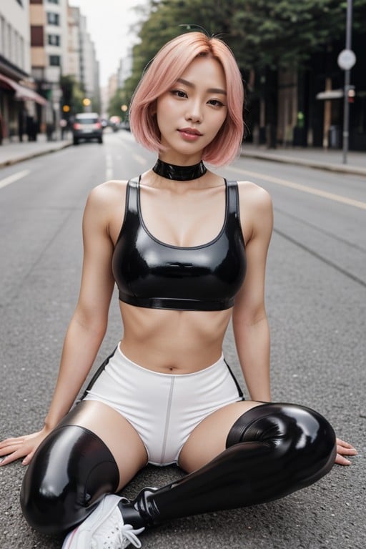 Long Bob Hairstyle, 라텍스 슈트, Green SneakersAI 포르노