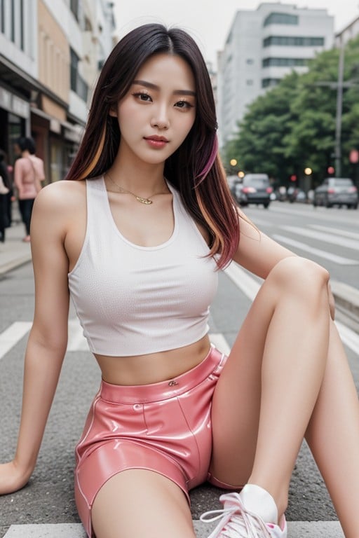 Fit, K-pop Idol, Multicolor Blonde And Pink Gradient Haircolor Shemale AI Porn