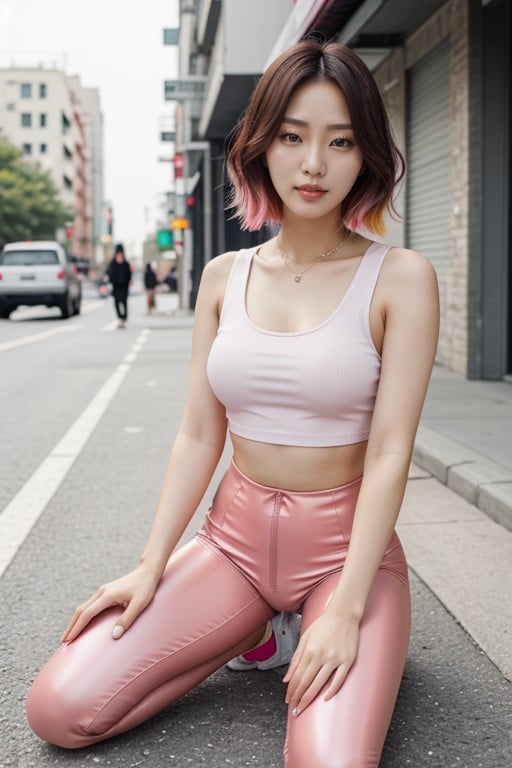 On The Street, White Crop Tank Top, Green Sneakers Shemale AI Porn