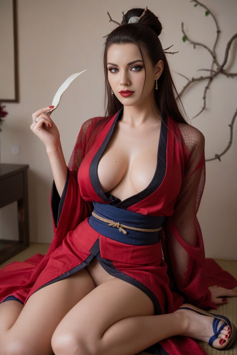 Японец, With An Additional Ring In Them She Wears Make-up Consisting Of Red Lipstick And Purple Eye Shadow Her Regular Outfit Consists Of A Red Mesh Armour Blouse With Only The Right Sleeve Visible Overall, Кимоно ИИ порно