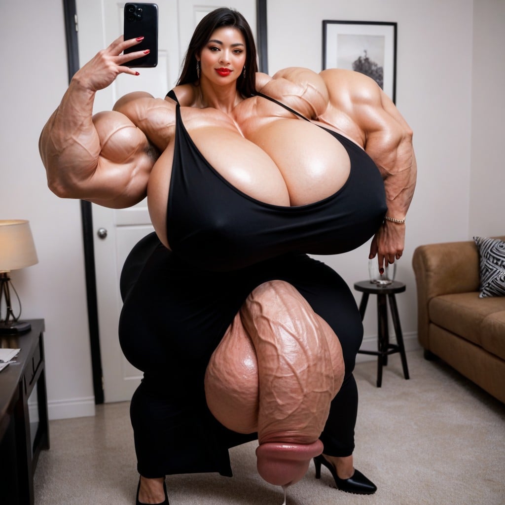 Pre Cum, Hyper Gigantic Muscles, Black Hair Shemale AI Porn