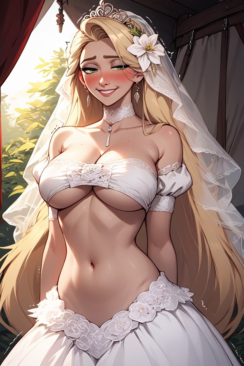 Navel Exposed, White Wedding Dress, Cleavage Hentai AI Porn