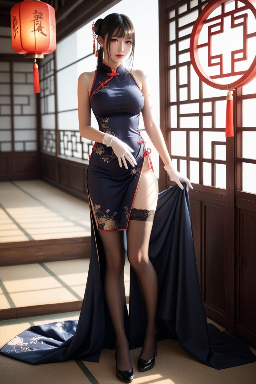 Qipao, Large Rounded Breast, Body Pornografia peluda com IA