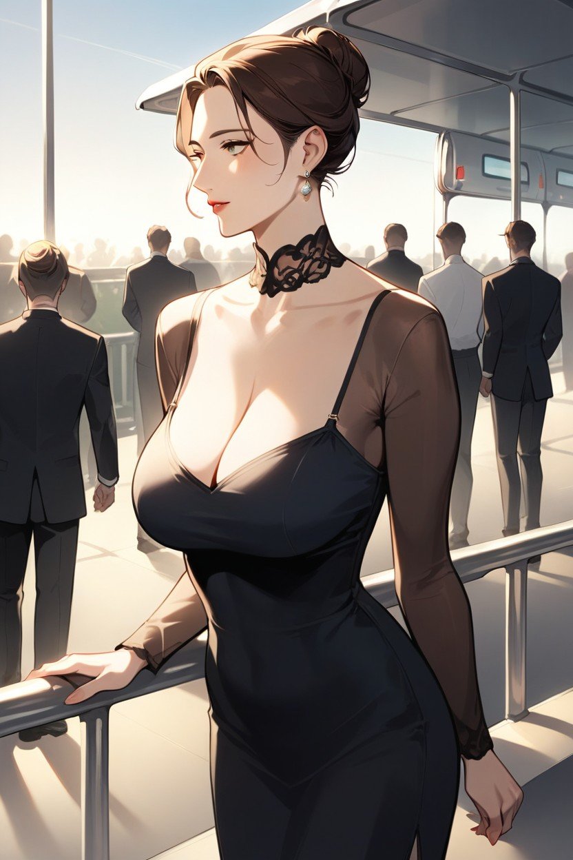 Dress With Neck, Hairbun Woman, Brunette Woman Hentai IA pornografia