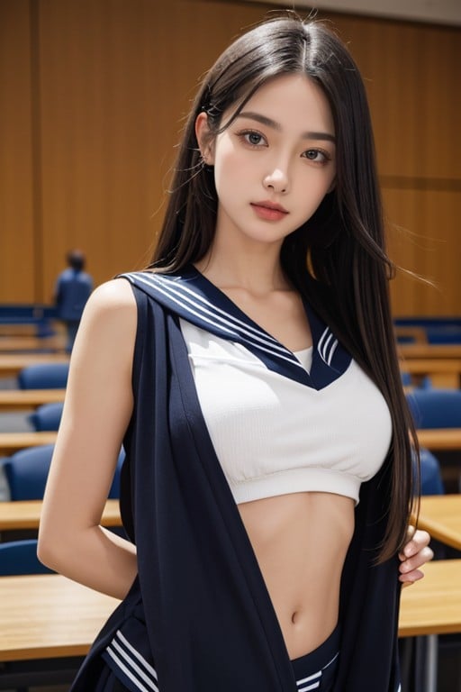 Navel Exposed, Black Hair, Classroom AI Porn