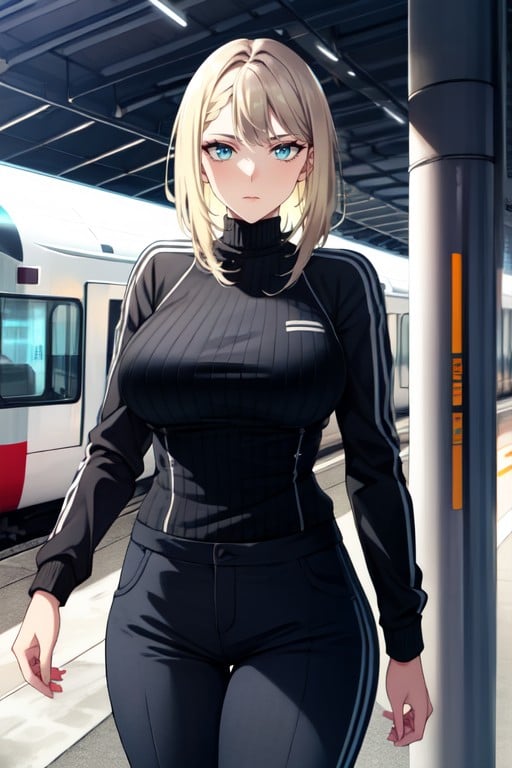 Fashionable Combat Android Prototype Standing At A Futuristic Train Station, Serious Expression, Muscular BuildPorno AI