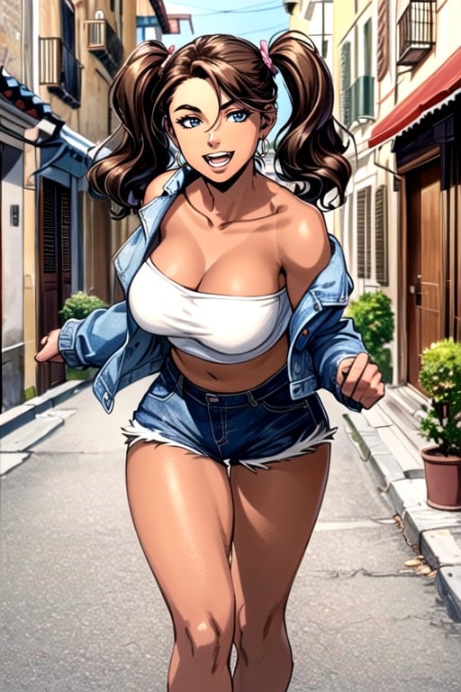 Denim Jacket, Strapless Top, Italian Village AI Porn