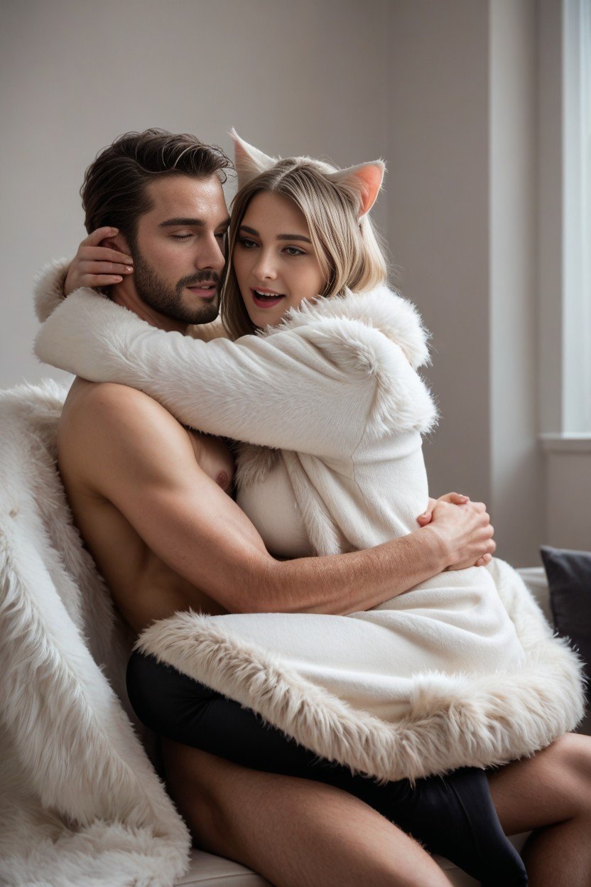 Moaning, Woman Wearing White Fur Coat And Cat Ears, Sitting On Lap Of ManAI 포르노