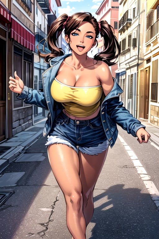 Jean Shorts, ストラップレスのトップ, おさげAIポルノ