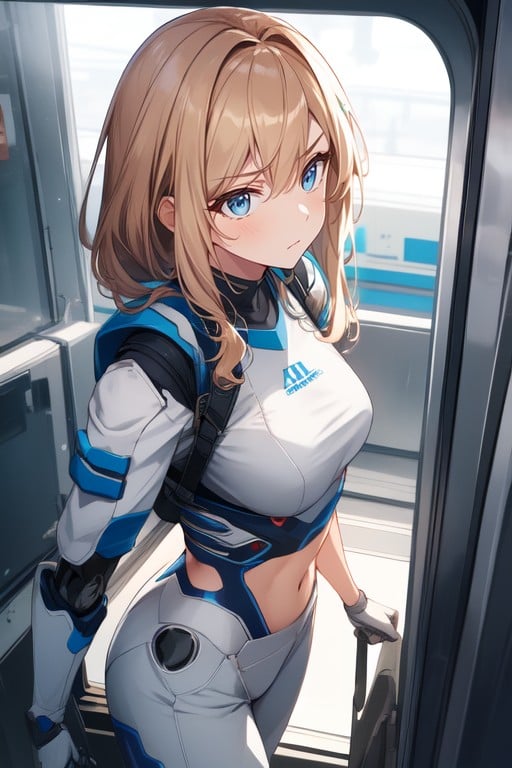 Menacing Appearance, Muscular Female Combat Android Standing In A Futuristic Train, Estilo CálidoPorno AI Hentai