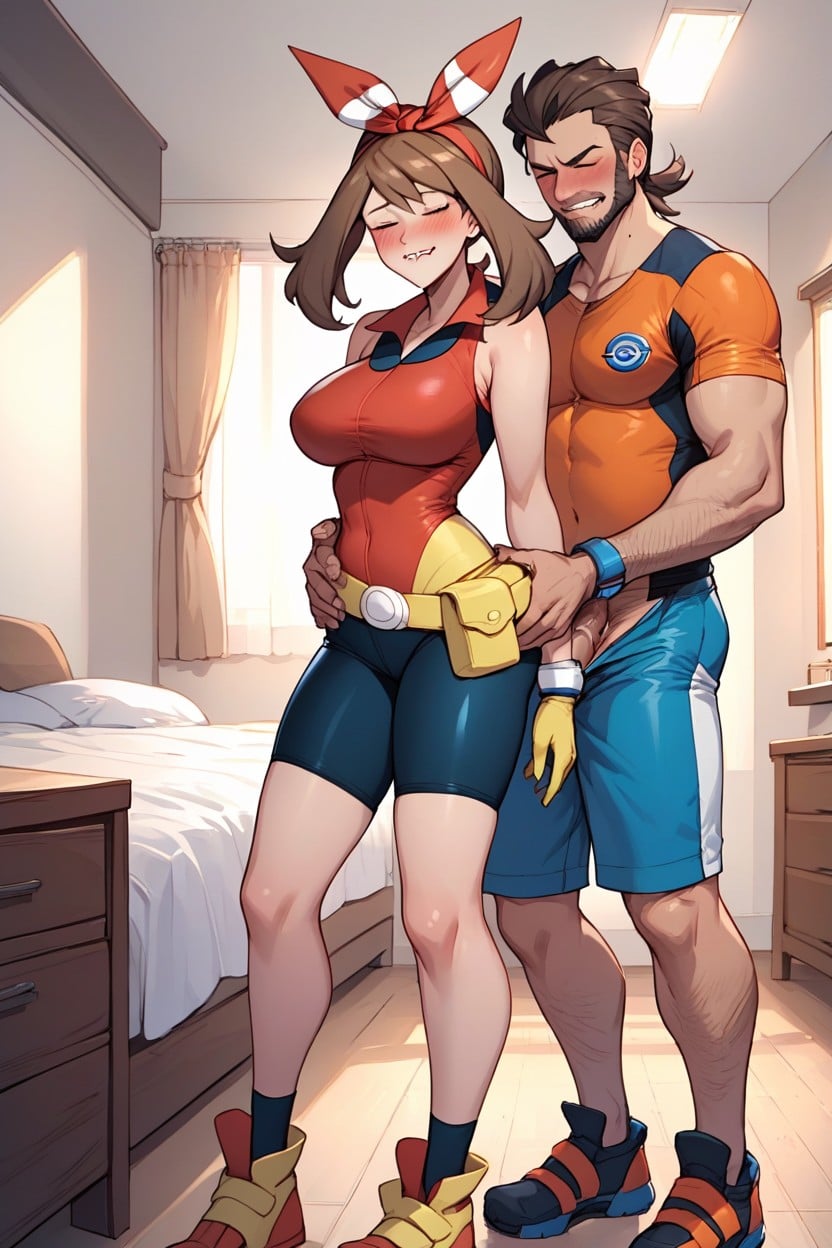 Dark Blue Shorts, Ribbon, Fully Blushed Face Hentai AI Porn
