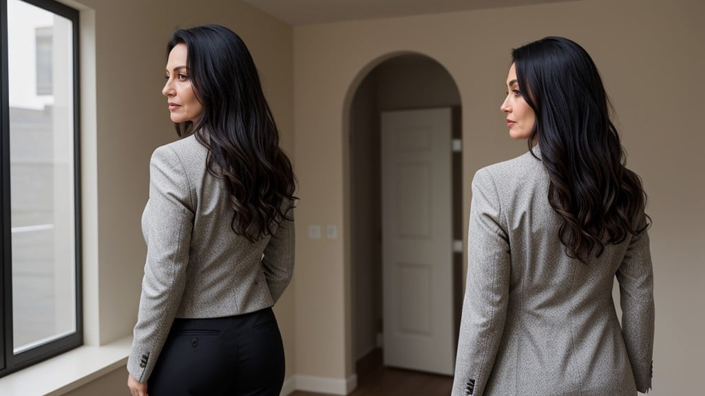 Viewer Standing Behind Woman, Suit Pants, 后视图AI黄片