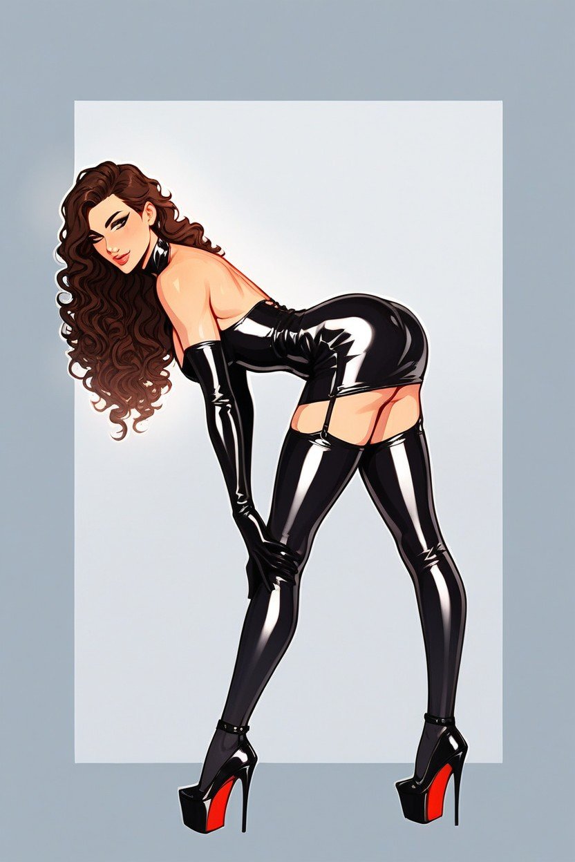 Brunette Crossdresser In Latex Dress, 1人, High HeelsAIポルノ