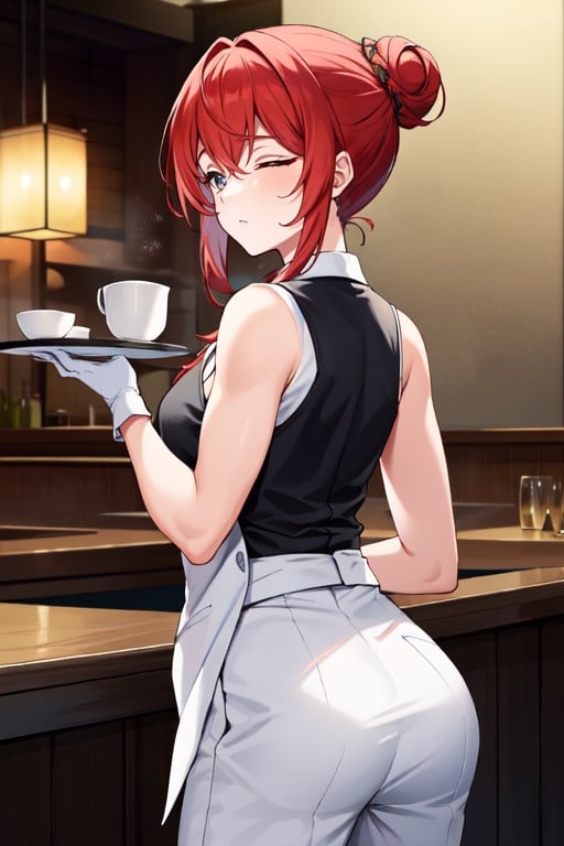 Musculosa, Wearing Stylish Waiter Attire, RestaurantePorno AI