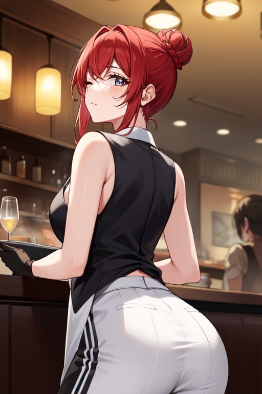 Side View, Black Vest, Bright Red Hair In A Bun AI Porn