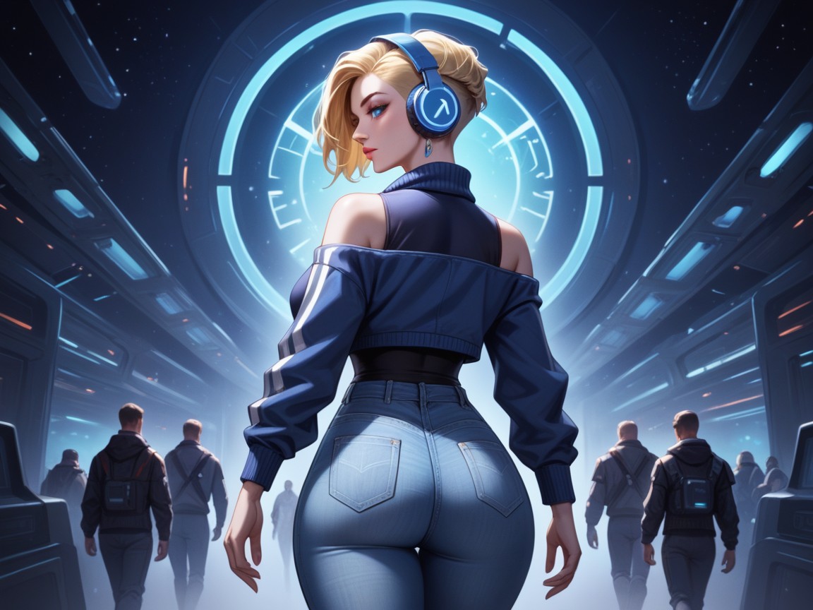 Rounded Shoulders, Blue Headphones, Slender Waist Hentai AI Porn