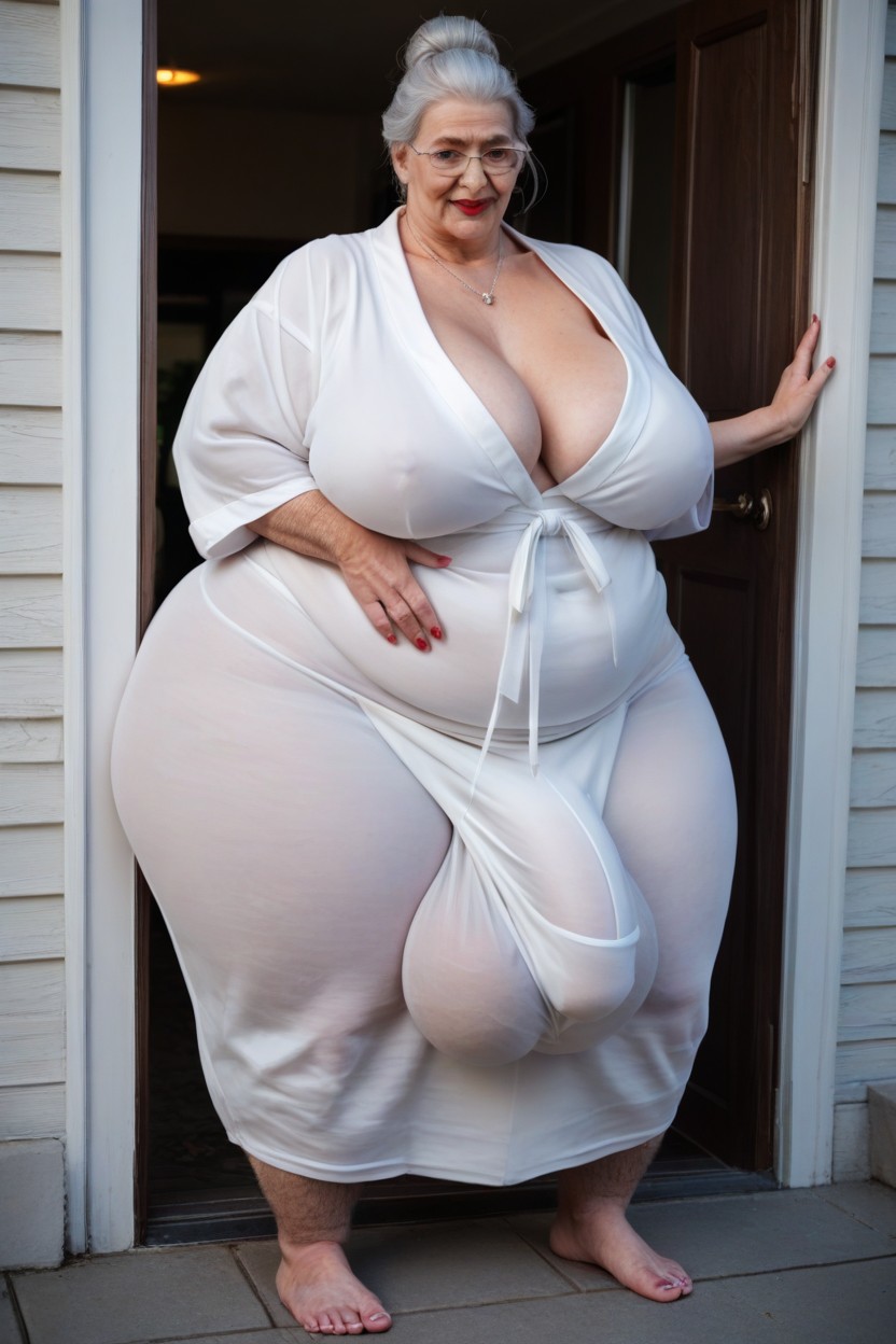 Grinning, White Hair, Huge Belly Shemale AI Porn
