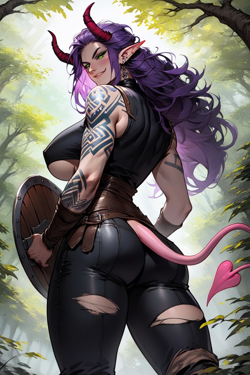 Holding Shield In Left Hand, Enormous Natural Boobs, Messy Long Ponytail AI Porn