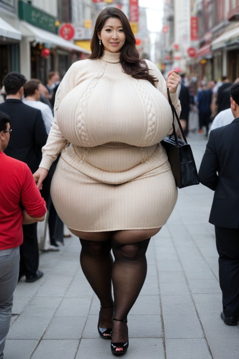 Extremely Large Ass, Disproportionately Large Breasts, Beige Sweater AI Porn