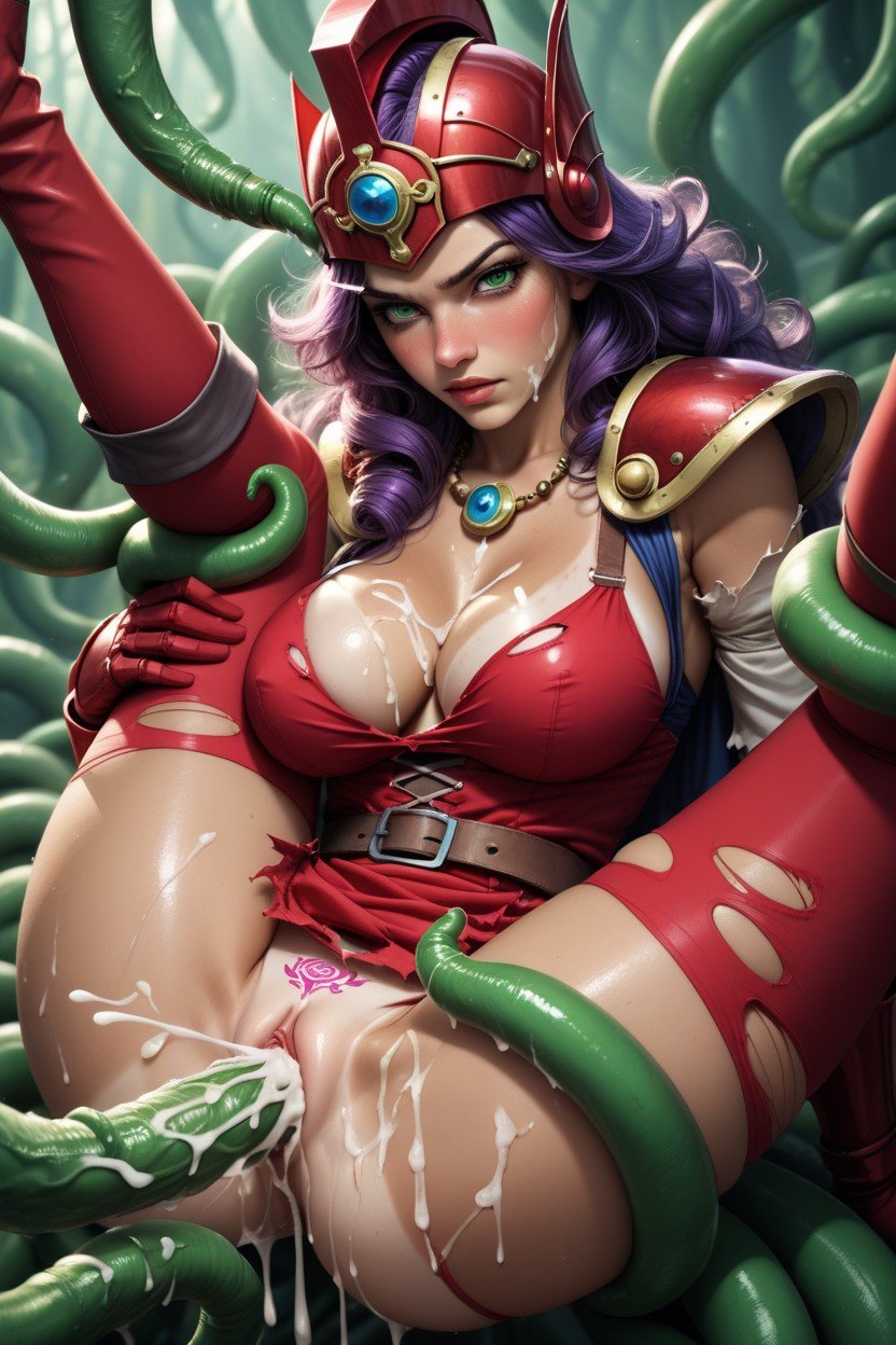 Red Helmet With Feathers On Both Ends, Female Warrior From Dragon Quest, Green Tentacle AI Porn