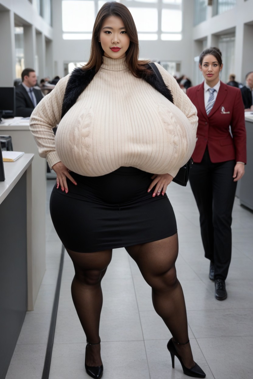 Excessive Tall Woman With Long Legs, Front View, Gigantic Breasts Reaches The Thighs AI Porn