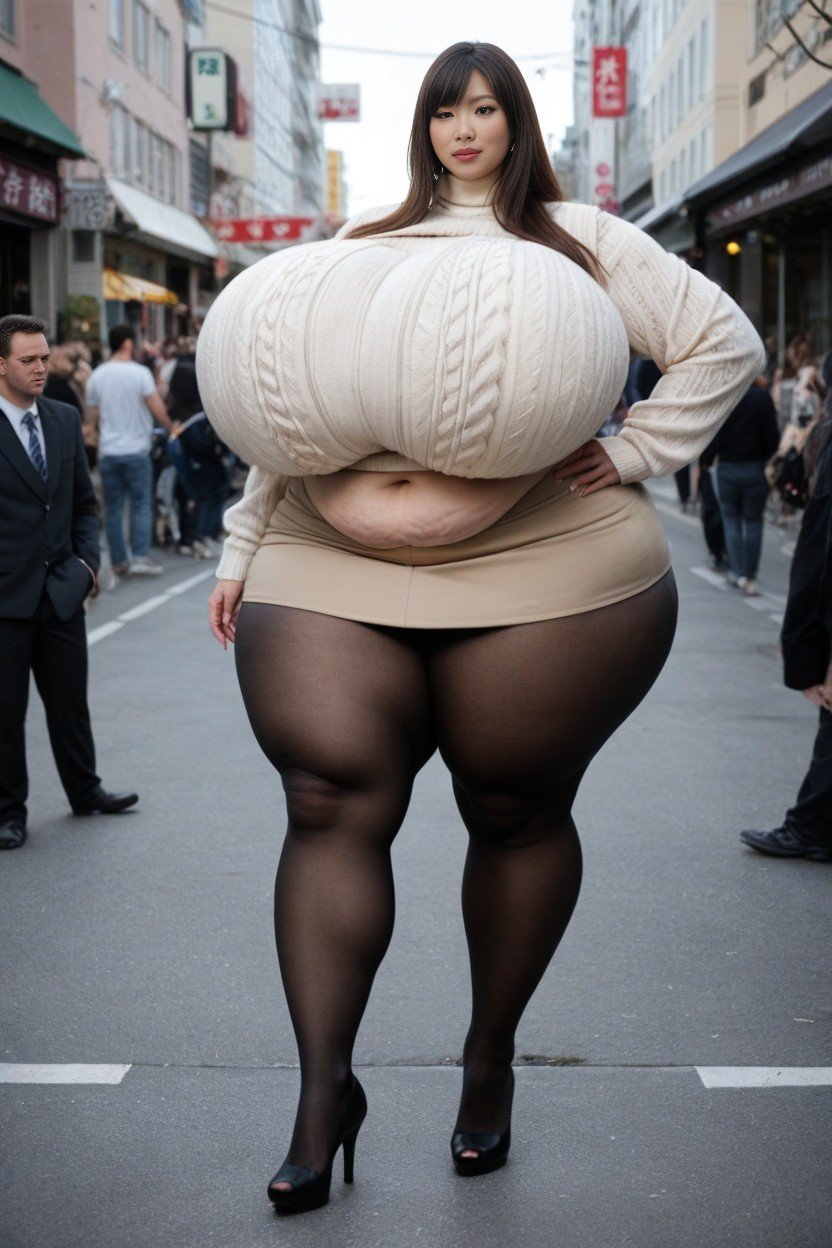 Walking Down The Tokyo Street, Huge Bulge On Skirt, Saggy Breasts Longer Than Body人妖AI色情