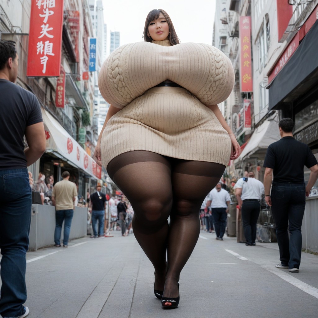 Full Body, Many People Around, Beige Tight Skirt AI Porn