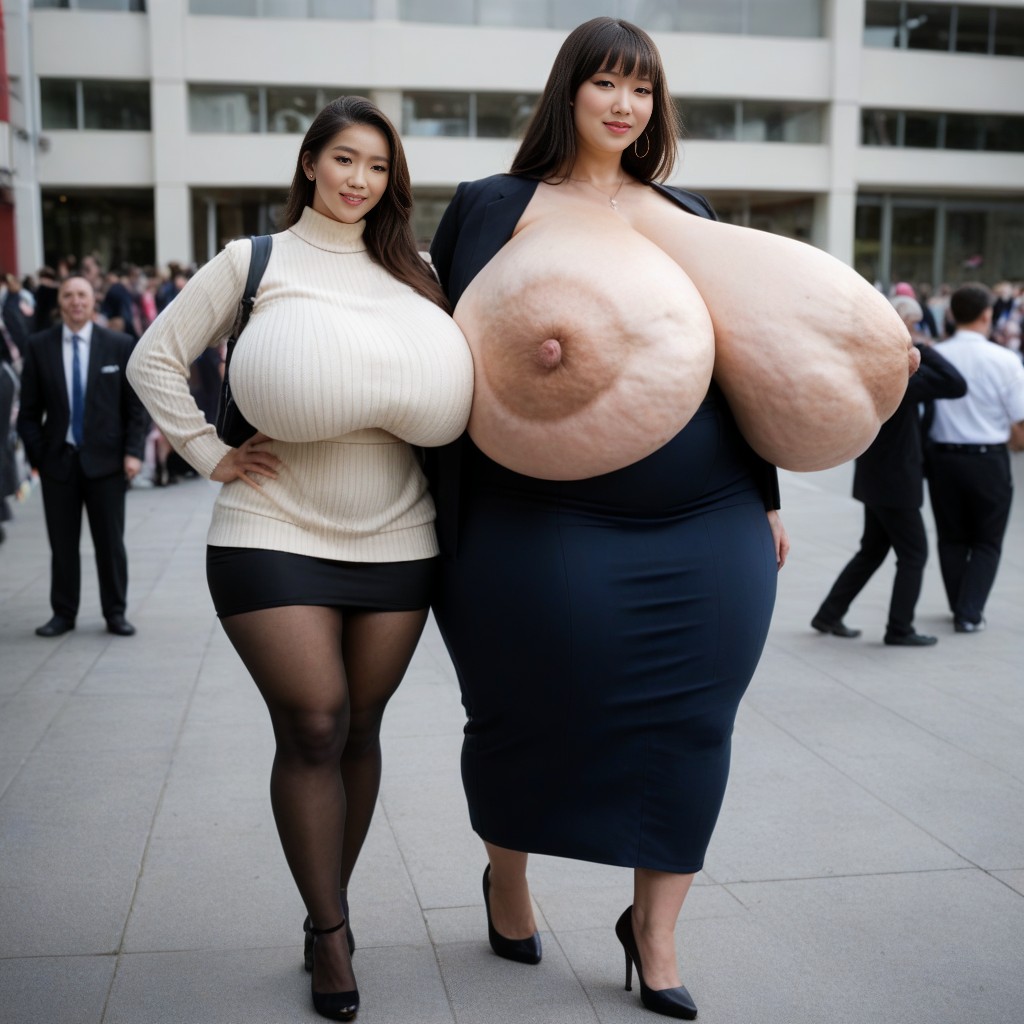 Saggy Breasts Longer Than Body, Front View, Extreme Hyper Breasts AI Porn