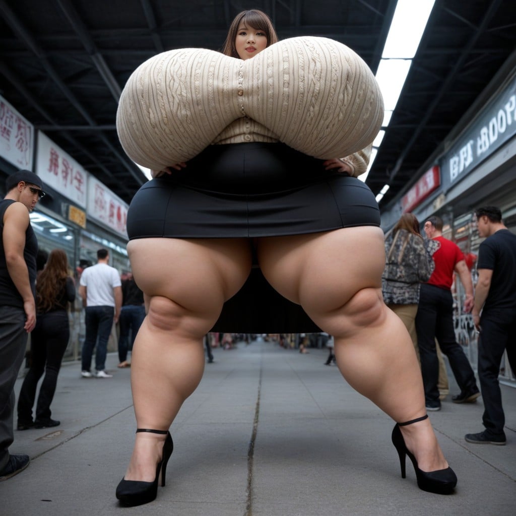 No Waist, Beige Tight Skirt, Giant Insane Massive Gigantic Breasts AI Porn