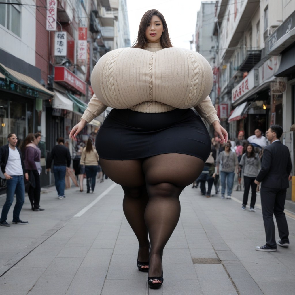 Asian, Full Body, Gigantic Breasts Reaches The Thighs AI Porn