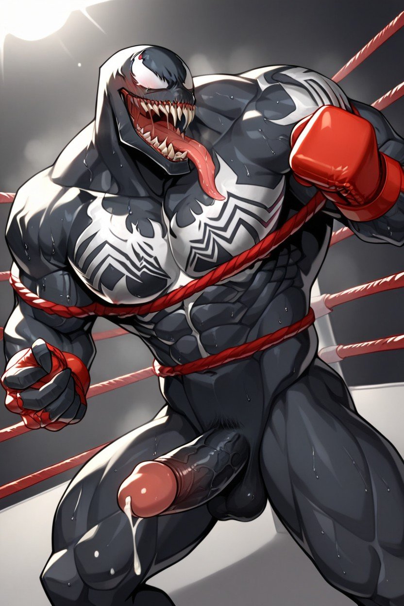 Buff And Muscular, With A Big And Fully Erect Venom Penis, With His Penis Dripping Pre Cum As Venom Makes Him Swallow His Cock And Shoot Cum Inside His Throat Venom Is Leaning With His Back To The Ropes Pornografia de IA