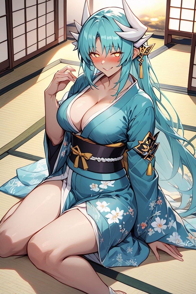 Tatami, Large Breast, Long Cyan Hair AI Porn