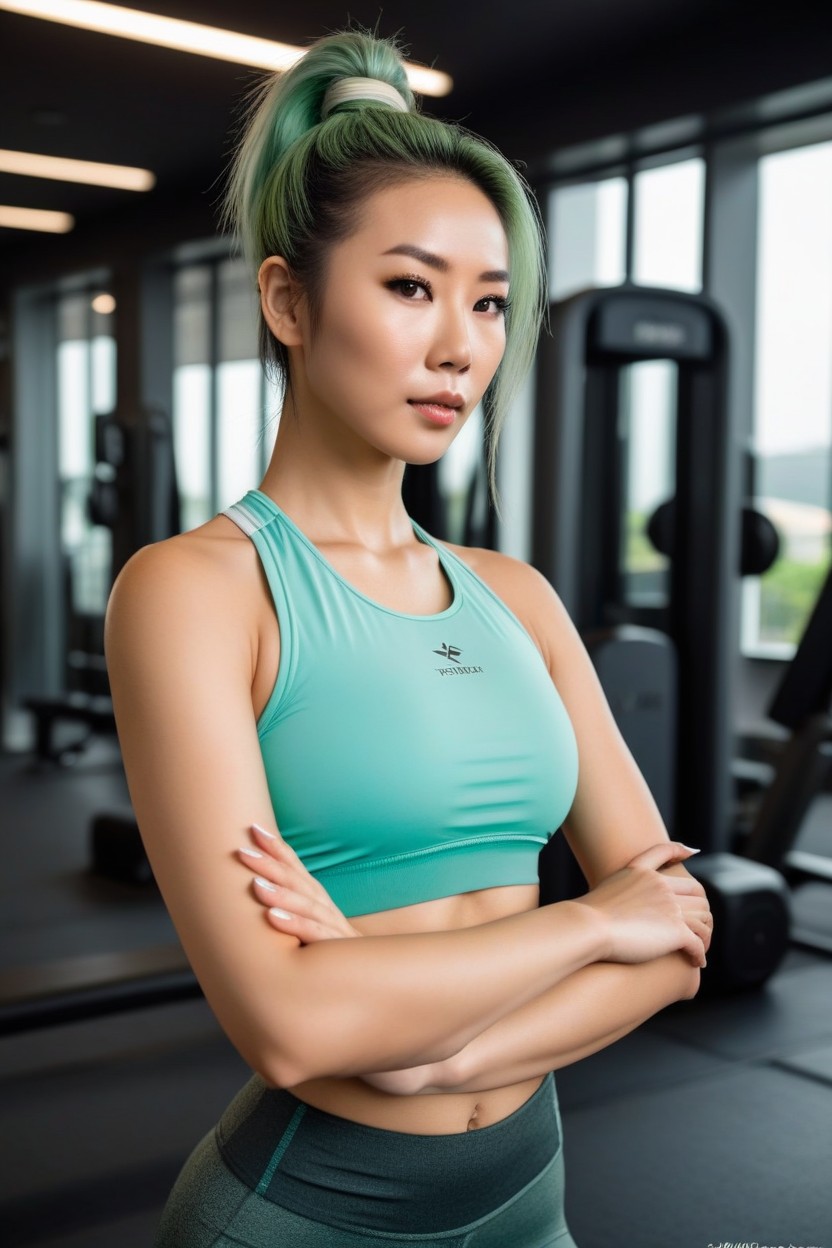 Capturing The Energy And Atmosphere Of An Active Gym Setting, Showcasing Her Sporty Style In A Gym Environment She Has Striking Light Ash Green Hair Tied Up In A High Ponytail And Brown Eyes She Is Wearing Form Fitting Yoga Pants And A Workout Top, A Photorealistic Portrait Of A Singaporean Chinese Woman With Korean Heritage Pornografia de IA